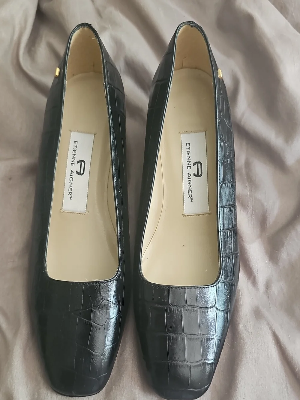 Etienne Aigner Black Croc-Embossed Square-Toe Flats with Gold Accent